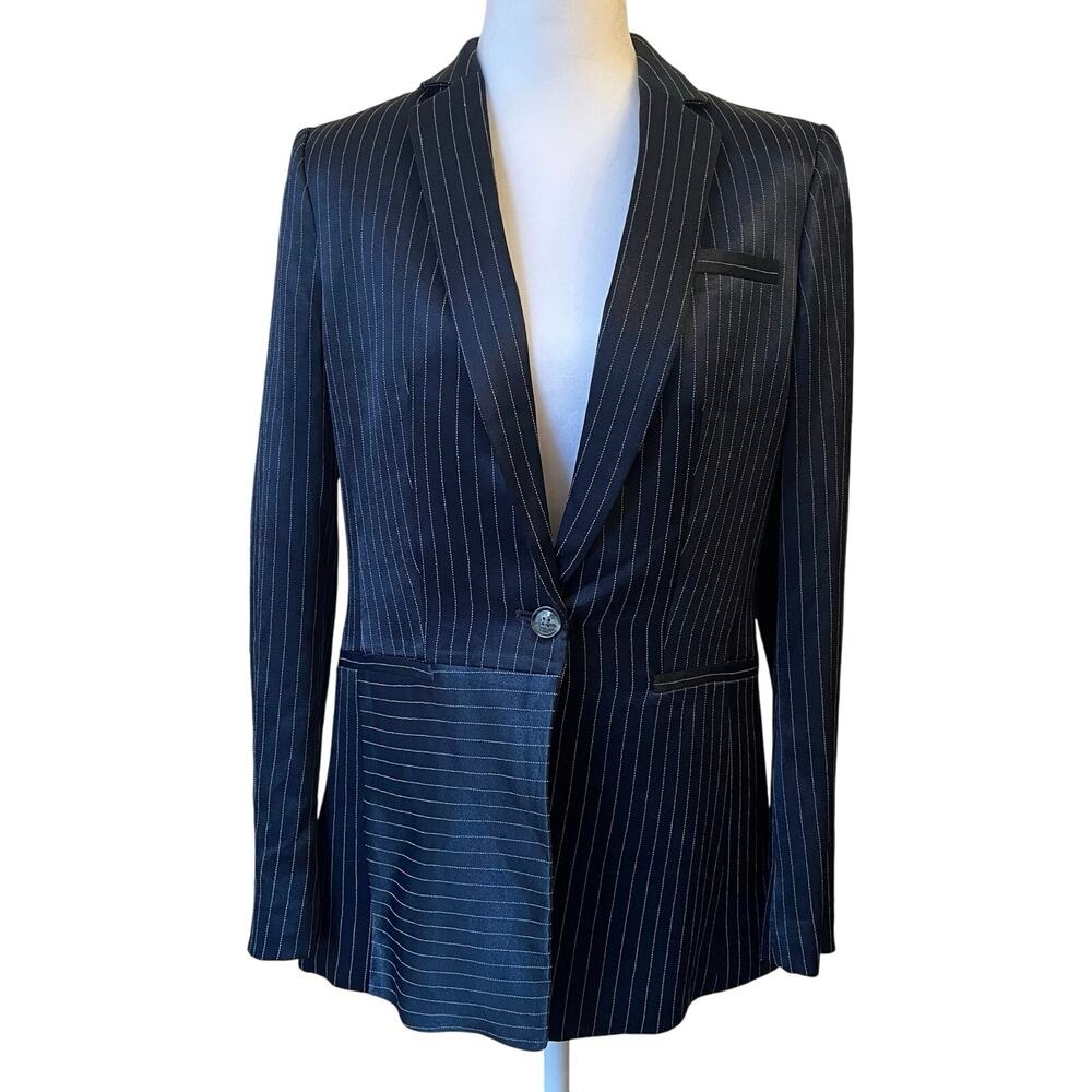 Banana Republic Satin Blazer Womens 0 Pinstripe Boyfriend Office Work Navy NWT